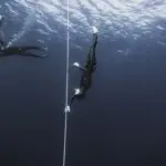Deep Blue freediver descending underwater
