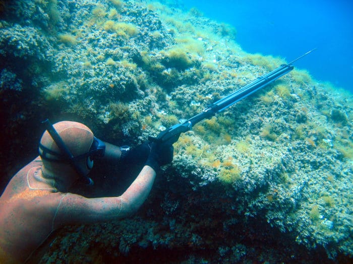 Spearo on a rock waiting for the fish with a speargun