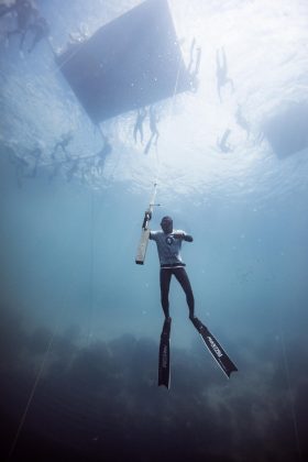 Alexey Molchanov 130m World Record at OriginECN Vertical Blue. Photo by Alex St-Jean