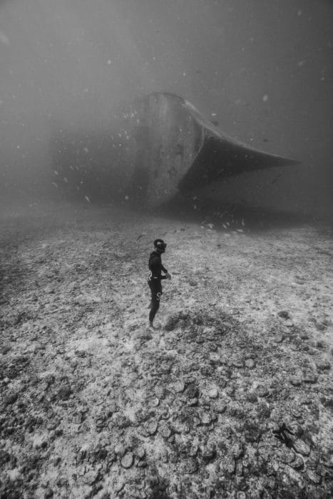 Julien Borde in front of a C-59 shipwreck in the Sea of Cortez, Mexico