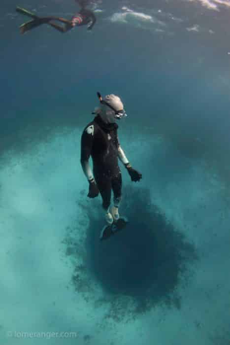 Aqua Skin 2.0 on the way up - Quite probably the first wetsuit (containing the first free diver) to plumb the depths of that little blue hole.