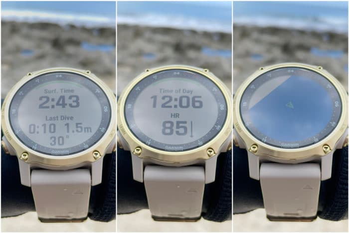 The three apnea mode data screens on the Garmin Descent Mk2s.