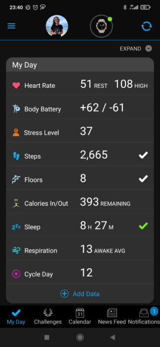 Daily health stats in the Garmin Connect app