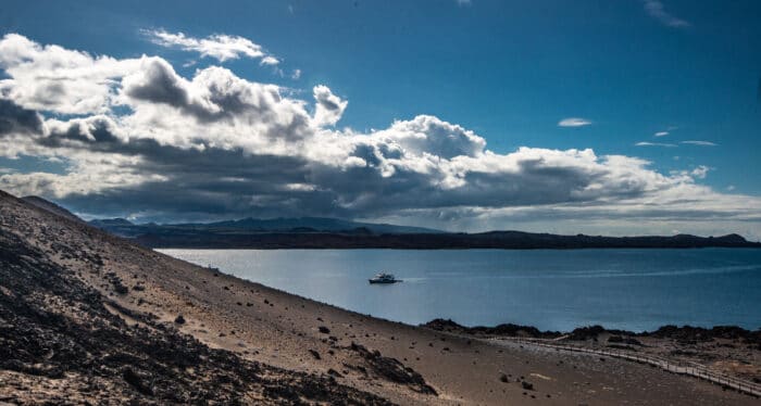 Galapagos Aggressor II Seen from Overlook at Isla Bartolome. Photo By Mark B. Hatter