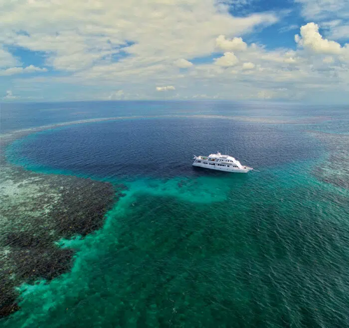 Belize Aggressor III by the Belize Blue Hole. Photo by Michele Westmorland, Scott Johnson and Aggressor Adventures