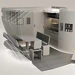 Modern tiny home interior with compact kitchen and dining area.