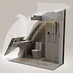 Toilet and shower accessible pod with integrated controls and safety features.