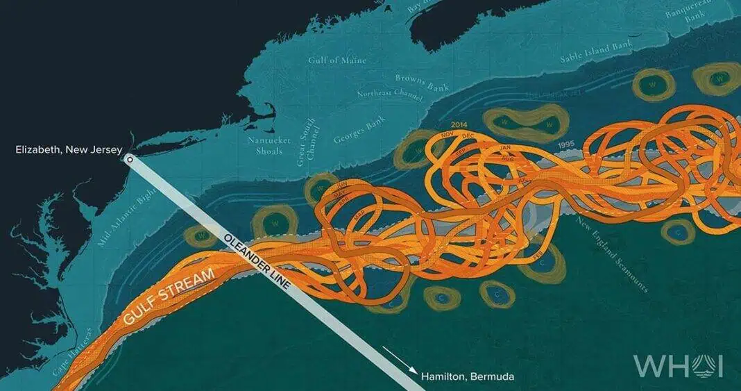 The MV Oleander travels a route between New Jersey and Bermuda, providing researchers with sustained scientific observations and monitoring. The route takes scientific instruments through the Mid-Atlantic Bight and the Gulf Stream, offering valuable data about our changing oceans. (Image credit: Natalie Renier, Woods Hole Oceanographic Institution)