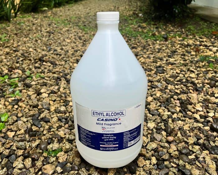 A jug of 70% isopropyl alcohol purchased from a pharmacy to remove mold from my wetsuit.