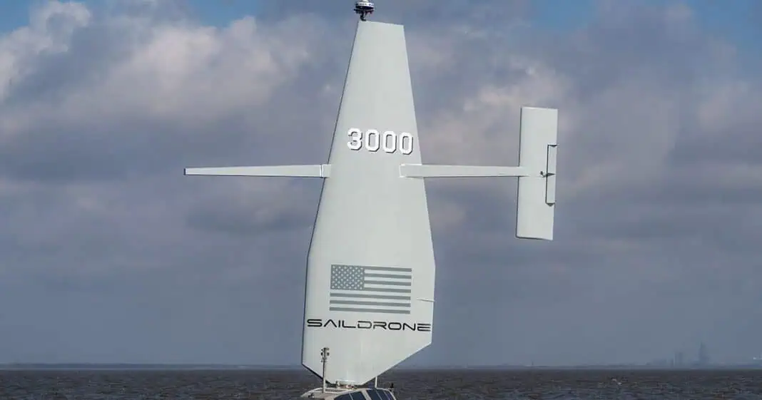 Saildrone Surveyor SD-3000 uncrewed surface vehicle (USV) sails in Mobile Bay during initial testing. The vehicle was launched on March 4, 2024, at Austal USA in Mobile, AL. (Image credit: Saildrone)