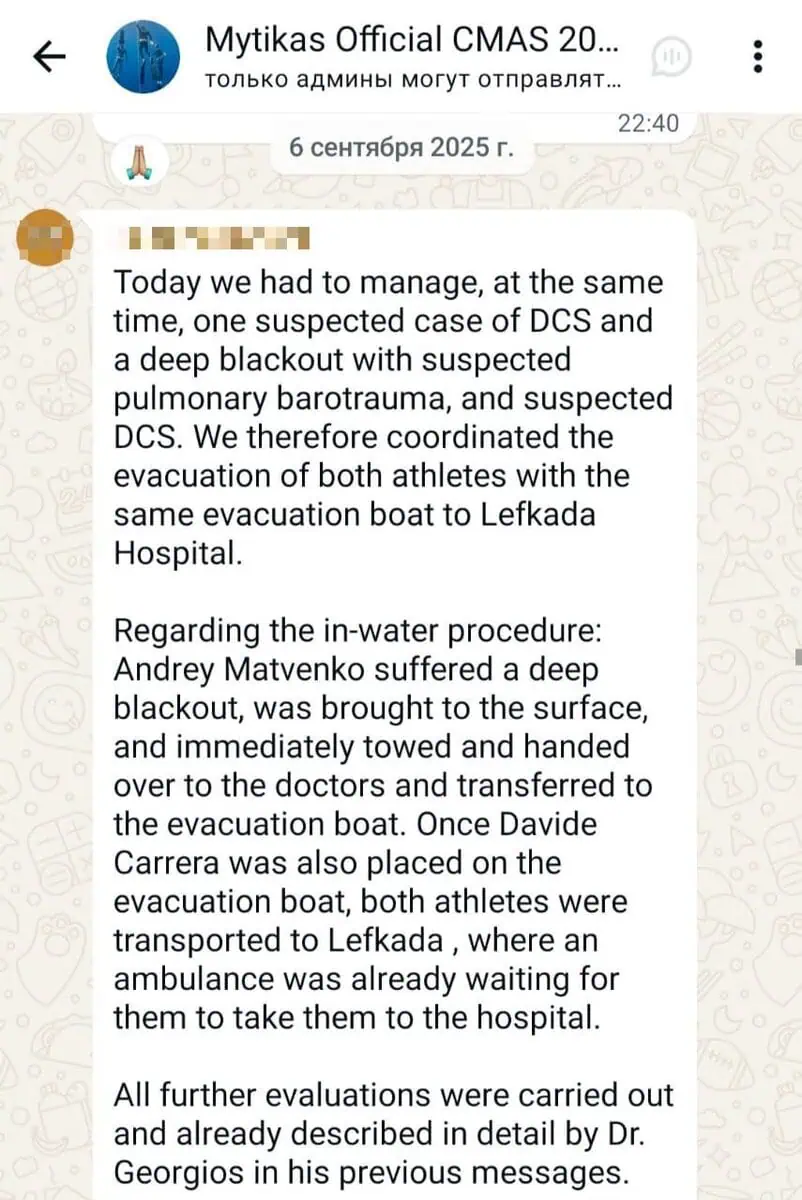 2025 CMAS World Championships Head of Safety informs the athletes of Andrey Matveenko’s condition via the athlete Whatsapp chat group. Photo courtesy of Tatiana Zemskikh