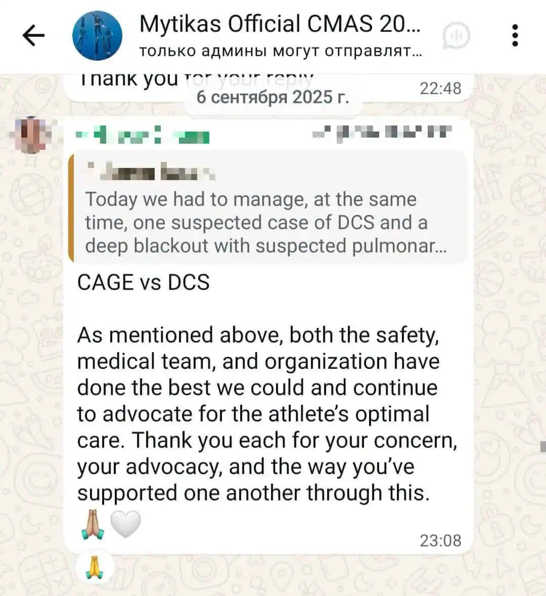 2025 CMAS World Championship a medical team member thanks athletes for their concern, advocacy, and support. Image courtesy of Tatiana Zemskikh