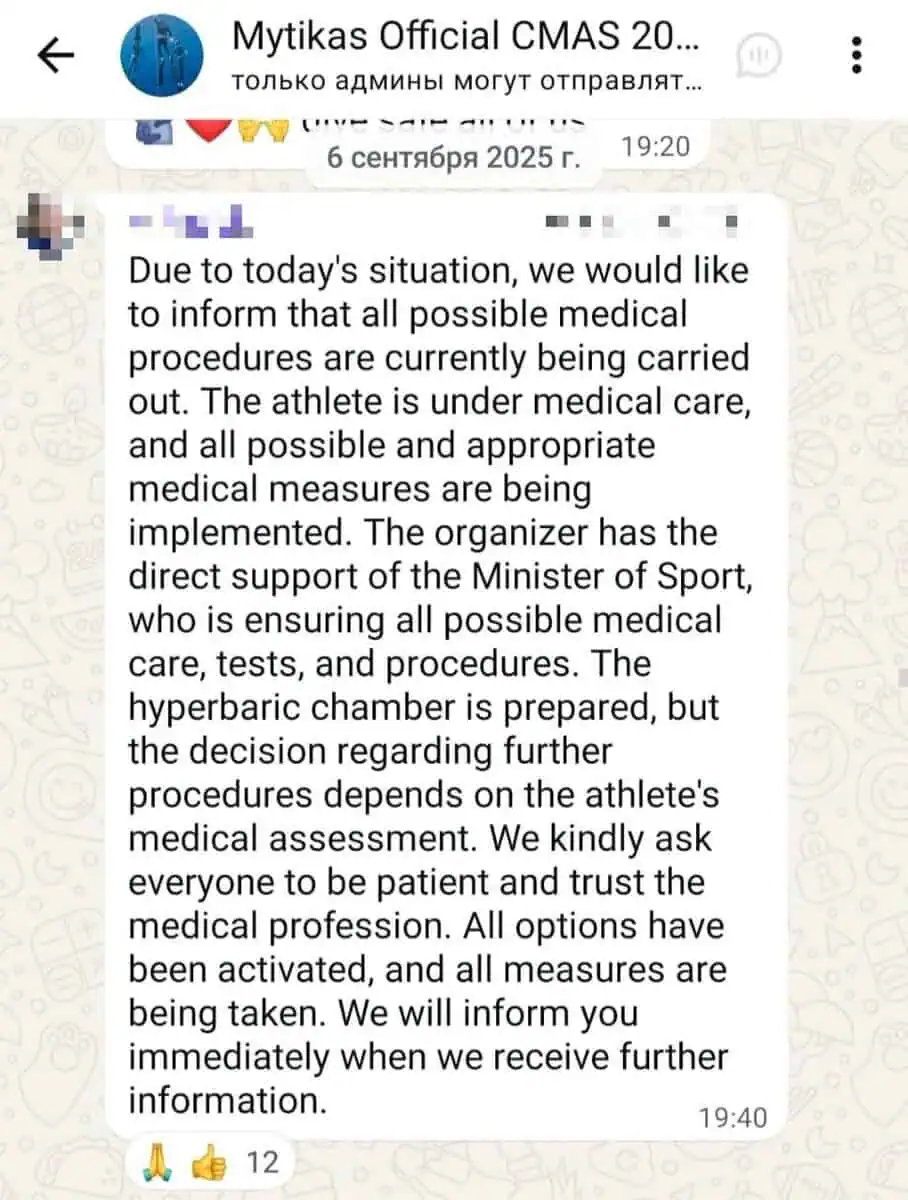 A judge at the 2025 CMAS World Championships, tells athletes via the WhatsApp chat that the hyperbaric chamber is prepared. Image courtesy of Tatiana Zemskikh