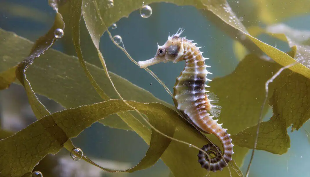 Delicate seahorse gracefully swims among the seaweed in a tranquil ocean habitat, a peaceful scene of marine life with bubbles and serene underwater beauty (Image via AdobeStock)
