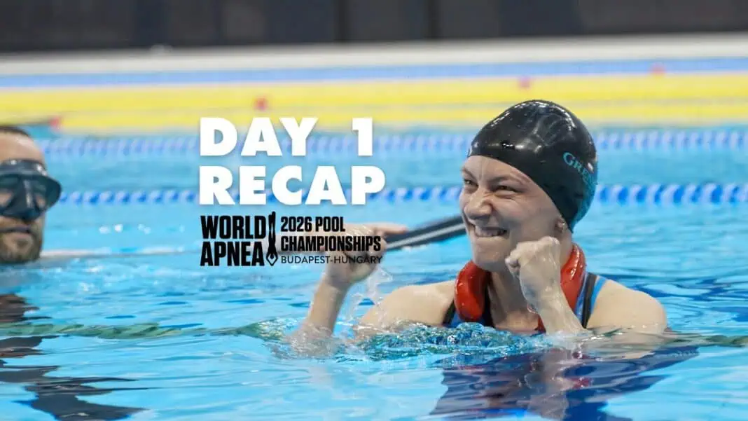 Magdalena Solich-Talanda celebrates her DYNB world record at the World Apnea 2026 Pool Championships in Budapest