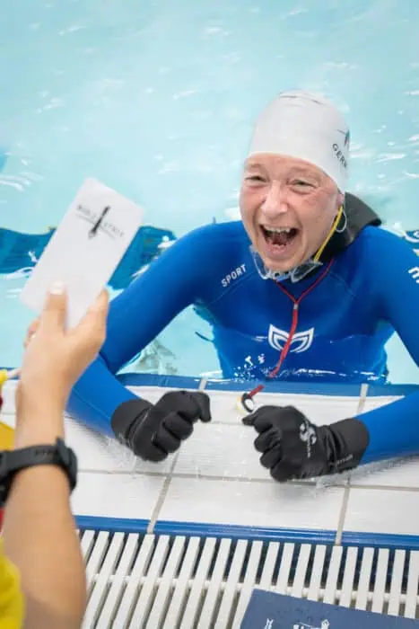 Heike Schwerdtner reacts to her 9:39 Static Apnea world record at the Duna Arena. Photo: Effie Benjamin